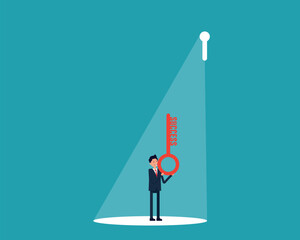 Business success concept. Businessman holding key of success to open door of big opportunity winning glory in future