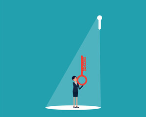 Business success concept. Businesswoman holding key of success to open door of big opportunity winning glory in future