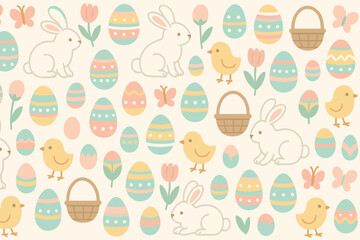 Colorful Easter-themed pattern featuring bunnies, chicks, and decorated eggs on a light background