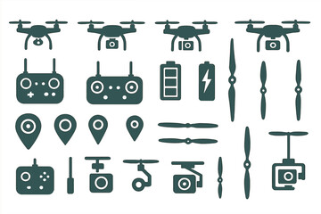 Collection of drone components and accessories displayed on a white background with various remote controls and parts