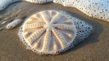 A close-up shot of a sand dollar with foam on the beach at the ocean's edge
