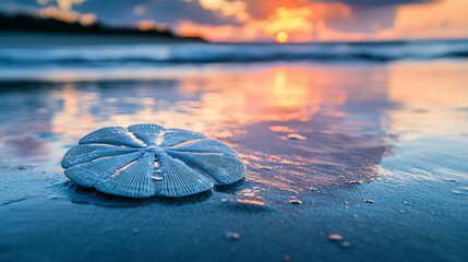 A serene beach scene with a sand dollar on wet sand at a colorful sunset