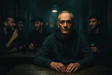 Older man in hoodie stares ahead while others talk and laugh in the background, generative AI