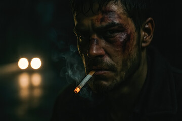 Injured man with bruised face smoking in dark alley at night. generative AI