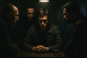 Four men around a table under harsh light, serious expressions, tense atmosphere, generative AI