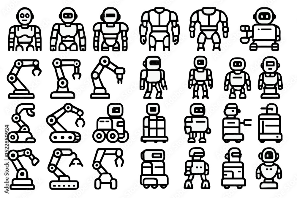 Poster collection of simplistic robot and automation designs featuring various styles and functions for cre