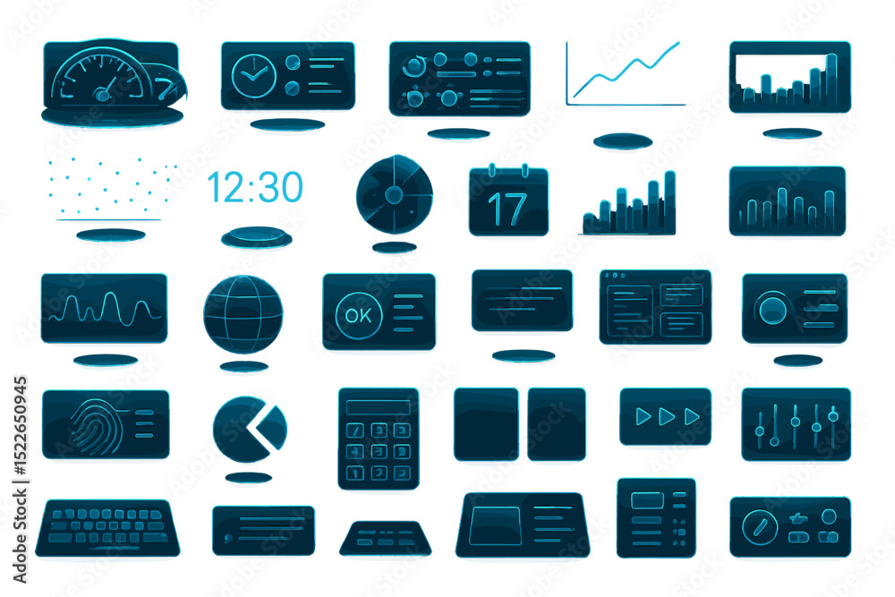 Poster collection of digital icons representing various technology and data concepts in a modern layout