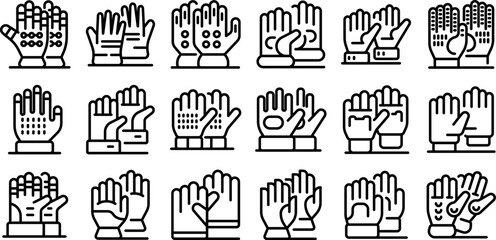 Construction gloves icons set. Different types of gloves protecting hands while working in gardening, construction, and various other activities