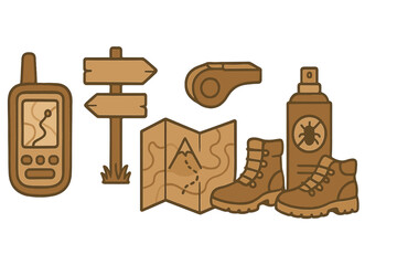 A collection of hiking and outdoor adventure equipment icons, including a GPS device, directional signs, a whistle, a map, insect repellent, and hiking boots.