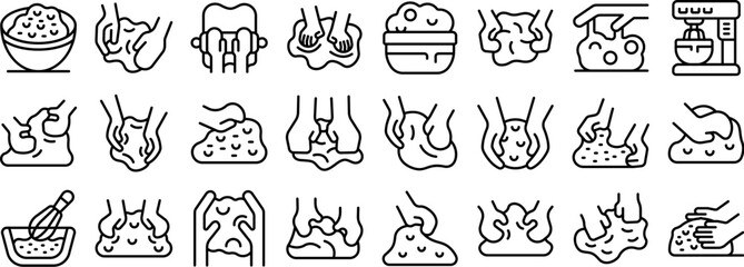 Kneading dough icons set. Hands kneading dough, shaping bread, using kitchen tools like whisks and mixers, preparing ingredients for baking
