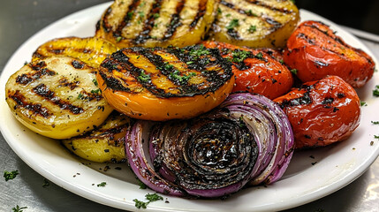 Close-up of grilled vegetables on a white plate, including tomatoes and onions