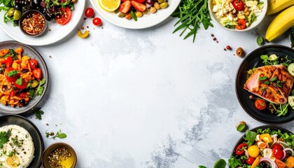 Food plates surround a textured backdrop with central copy space