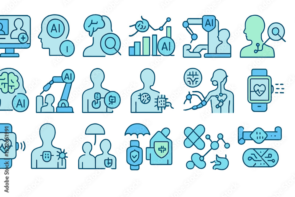 Poster exploring artificial intelligence through symbols and icons representing technology and health monit