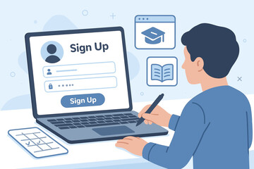 Person using a laptop to sign up for an online course while taking notes in a home office setting