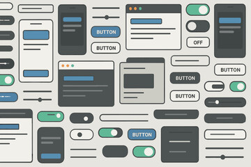 User interface elements including buttons and switches displayed in a grid layout on a light background