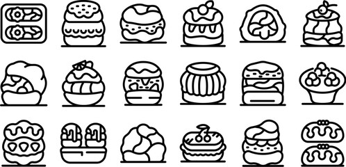 Cream puff icons set. Set of pastry icons featuring cream puffs with various toppings and fillings, perfect for bakery, dessert, and menu design projects