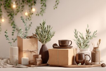 Serene Table Arrangement with Natural Decor, Elegant Vases, Cozy Elements, and Warm Lighting for a Minimalist Home Aesthetic in a Neutral Palette