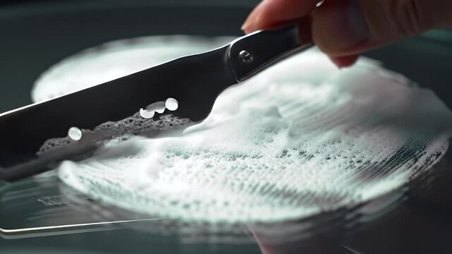 Close-up of a Straight Razor Stropping on Shaving Soap