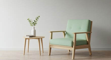 Minimalist living room armchair, vase and book on a light wood side table