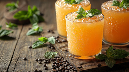 Refreshing Orange Cocktail with Mint and Ice on a Wooden Table Close Up