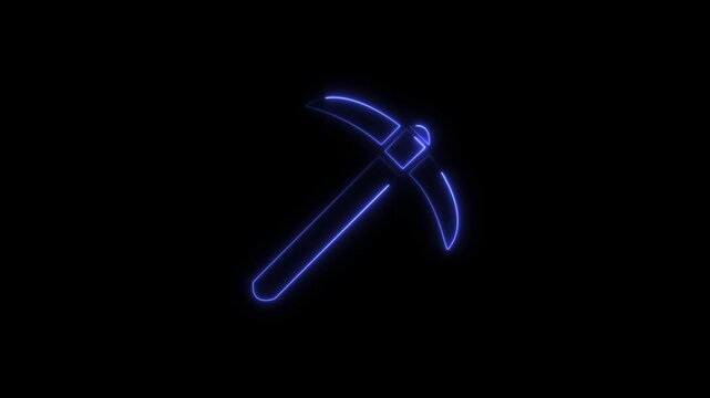 Abstract glowing construction industrial digital neon sign for service center workshop shop beautiful shiny with miner's pick for repair icon.Pickax Icon.