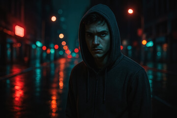 Man in hoodie stares intensely on neon-lit city street at night, cinematic mood, generative AI
