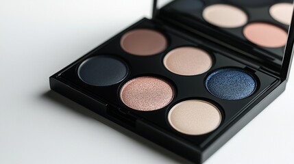 A black eyeshadow palette with six circular pans of varying neutral and cool-toned shades sits ajar on a white surface, revealing a built-in mirror