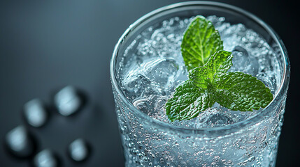 Refreshing drink with mint leaves and ice cubes in a glass for summer enjoyment