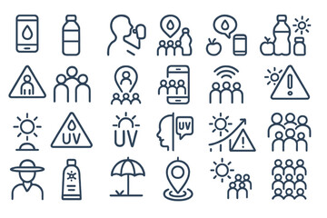Fototapeta premium Awareness symbols promoting hydration, sun protection, and social gatherings during summer activities