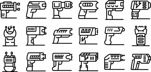 Taser stun gun icons set. Set of various sci fi ray gun icons in minimalist line art style