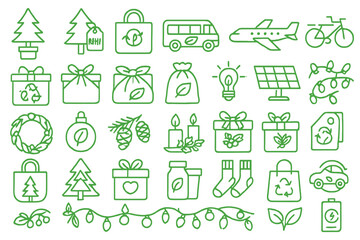 Green icons representing sustainability, holidays, and eco-friendly living in a creative design suitable for various uses