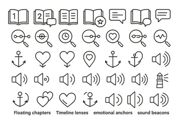 Illustration of various icons representing storytelling elements and communication methods for visual storytelling concepts