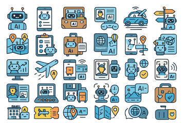 Unique collection of icons representing artificial intelligence applications in travel and business environments