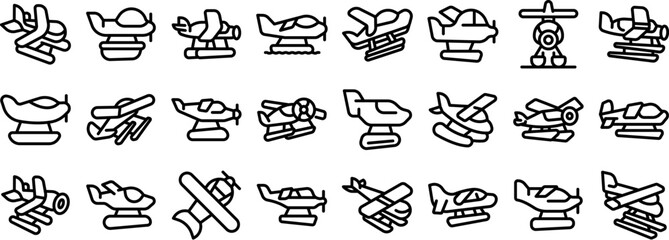 Hydroplane icons set. Set of diverse seaplane and amphibious aircraft icons, showcasing various designs and configurations for water based flight operations