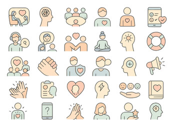 Illustrations of mental health support symbols and activities promoting well-being and community connections