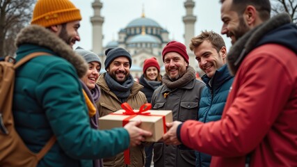 Fototapeta premium Festive gathering of diverse people exchanging gifts outside a mosque. 