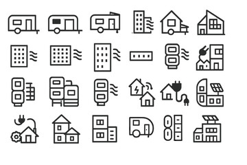 Various icons representing homes, buildings, and caravan designs for use in urban planning and architecture projects