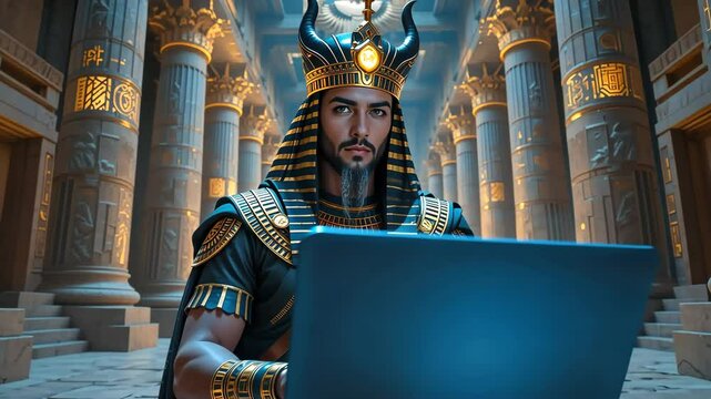 Ancient Egyptian pharaoh wearing golden crown working on laptop inside temple with massive pillars, blend of history and modern tech. Concept of time travel fantasy