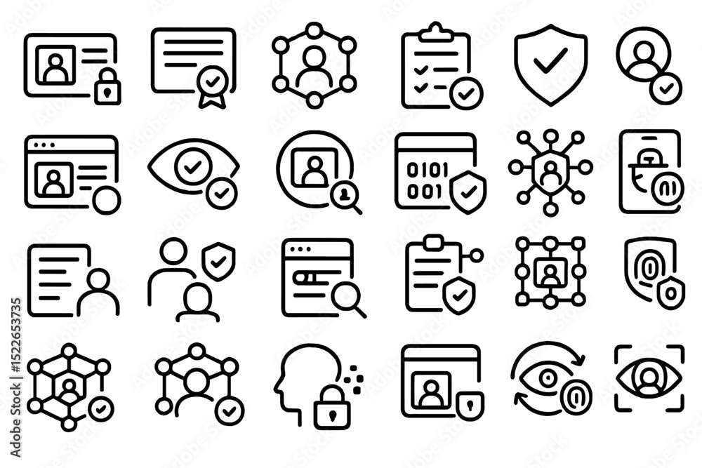 Poster collection of icons representing data privacy, security features, and user verification processes on