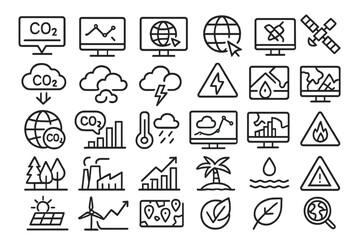 Icons depicting climate change, environmental issues, and sustainability concepts with graphs and symbols set against a clean background