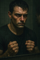 Wet man with clenched fists looks at himself in mirror, filled with raw emotion, generative AI