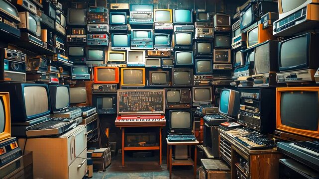 Wide-angle shot of a retro computer control room filled with vintage monitors and hardware, evoking a nostalgic tech atmosphere