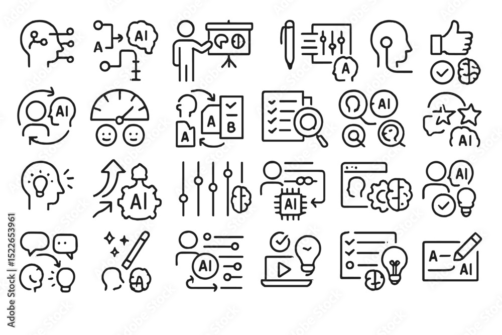 Poster exploring concepts of artificial intelligence through various illustrations in a creative design set