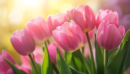 Fototapeta premium pink tulips bouquet on a bright sunny background