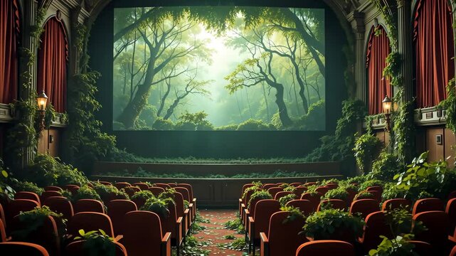 Empty theater stage with dramatic lighting in the middle of green forest, seats in foreground. Concept of outdoor performance