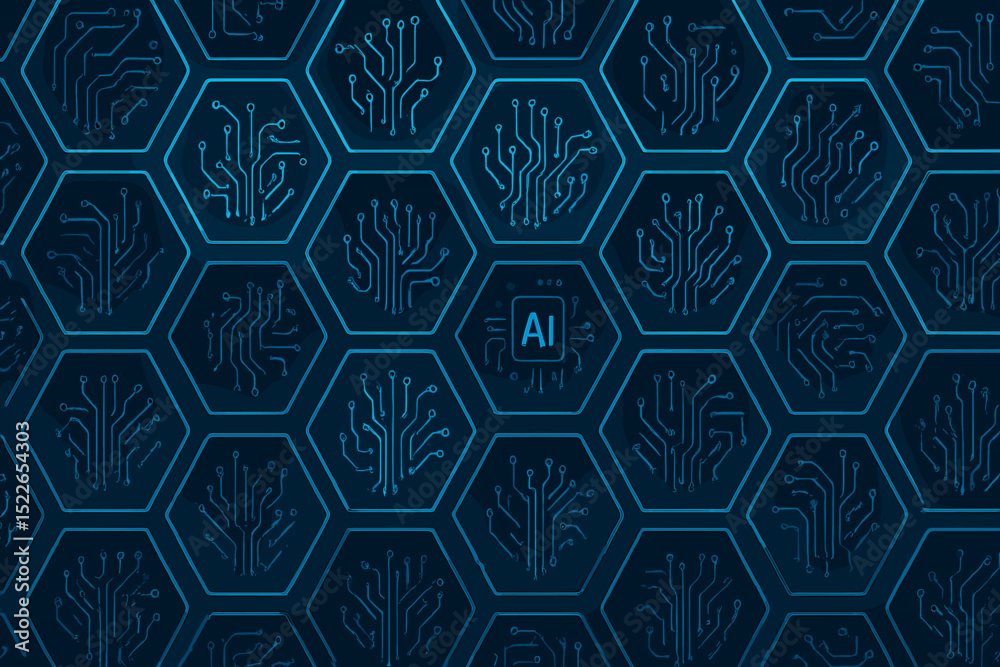 Poster hexagonal circuit patterns featuring artificial intelligence symbols in a futuristic design with glo