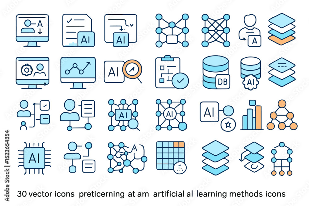 Poster vector icons showcasing concepts of artificial intelligence and machine learning in a modern design 