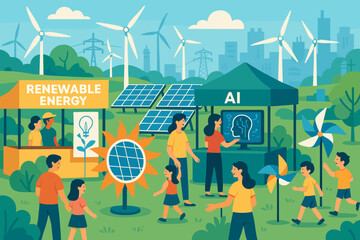 Community event showcases renewable energy and artificial intelligence innovations in a vibrant outdoor setting