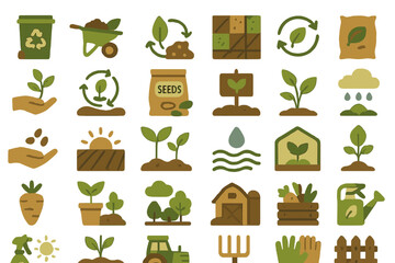 Illustrations of gardening and plant growth activities for sustainable agriculture and environmental awareness