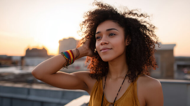 A young bisexual woman standing on a rooftop at sunset, wearing a rainbow bracelet. Lesbian couple friends generation z.